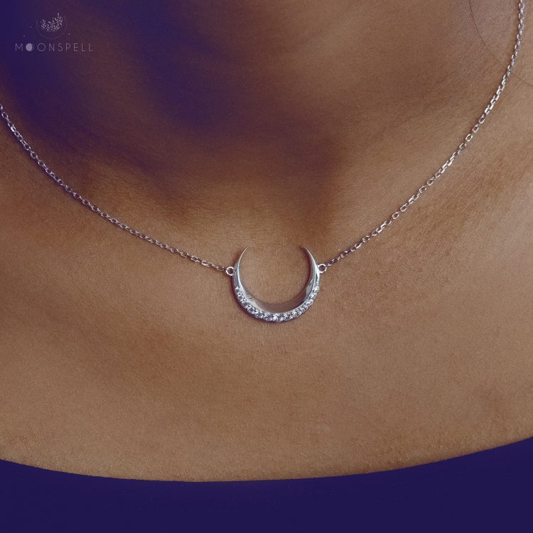necklace Alvar viking symbol moon crescent zircon shiny sterling silver croissant silver zircons wicca wiccan witch jewelry