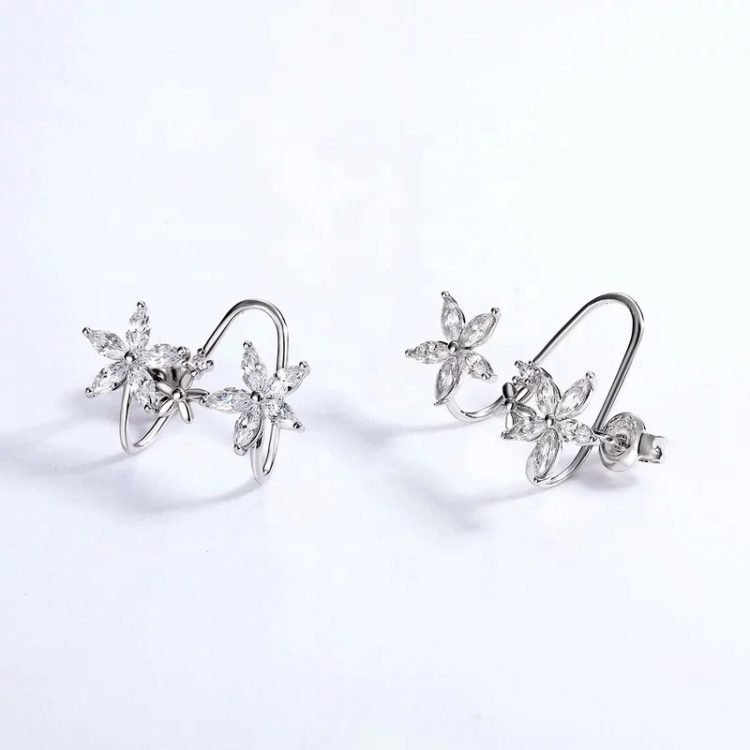 climbing earrings fine jewelry flowers erell zircons sterling silver white gold romantic elvish magical