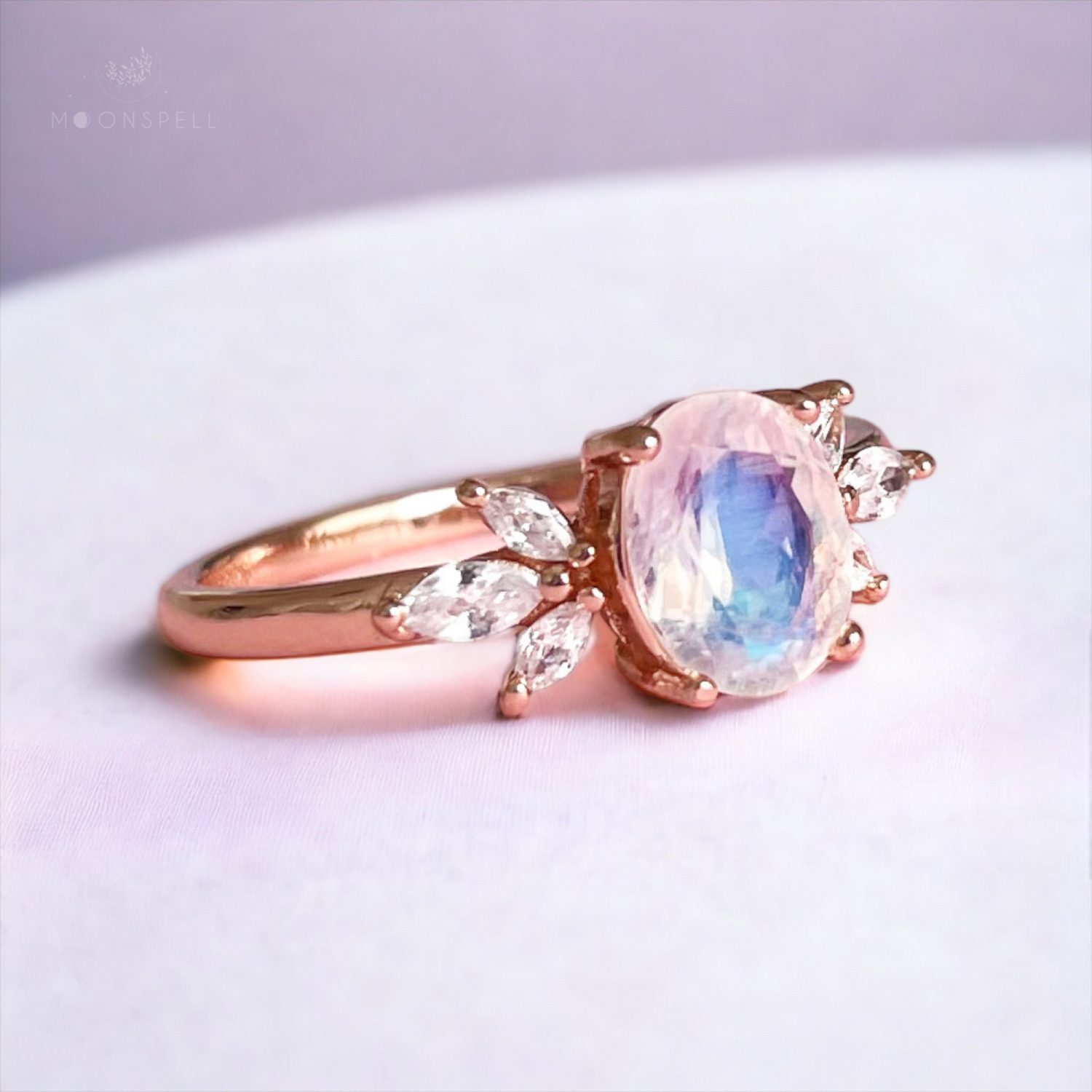 moonstone ring oval floral fine jewelry sterling silver Loane rose gold rainbow elvish nature romantic elegant magical gorgeous